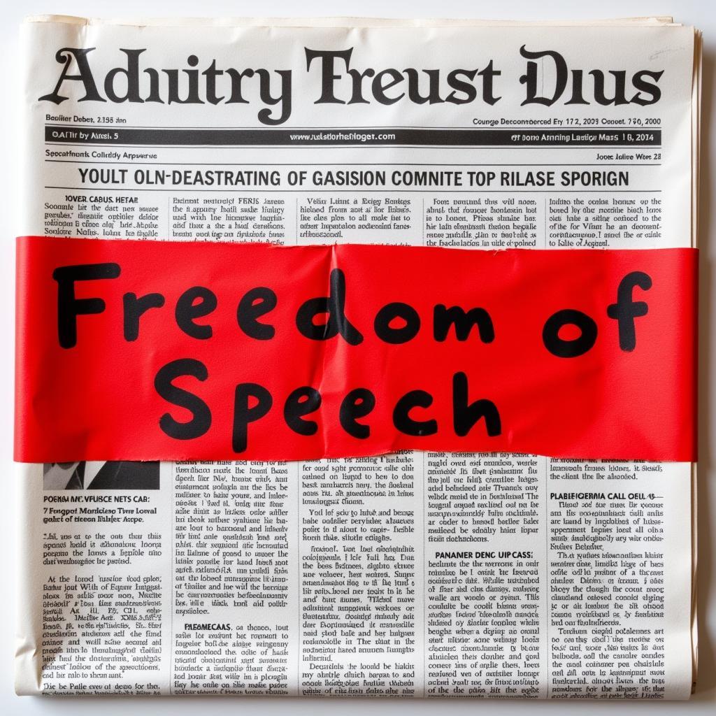 Government censorship affecting freedom of speech illustrated with newspaper and red tape