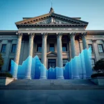 Central bank building with economic indicators and financial charts