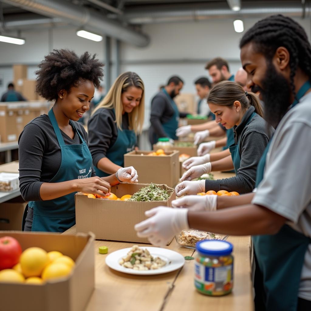 Volunteers working together at a community charity event