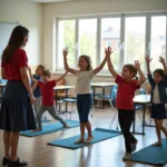 Students practicing physical exercises in a modern classroom setting