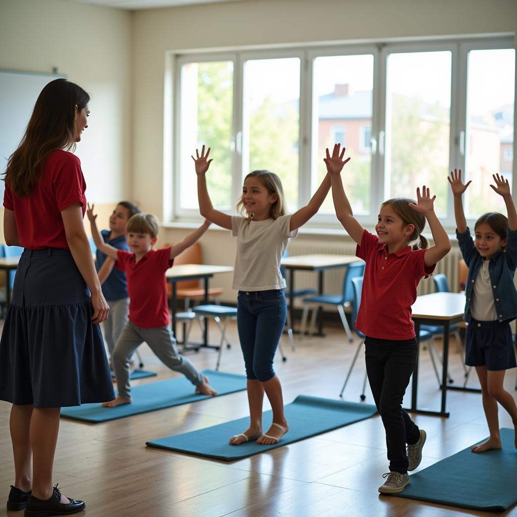 Students practicing physical exercises in a modern classroom setting