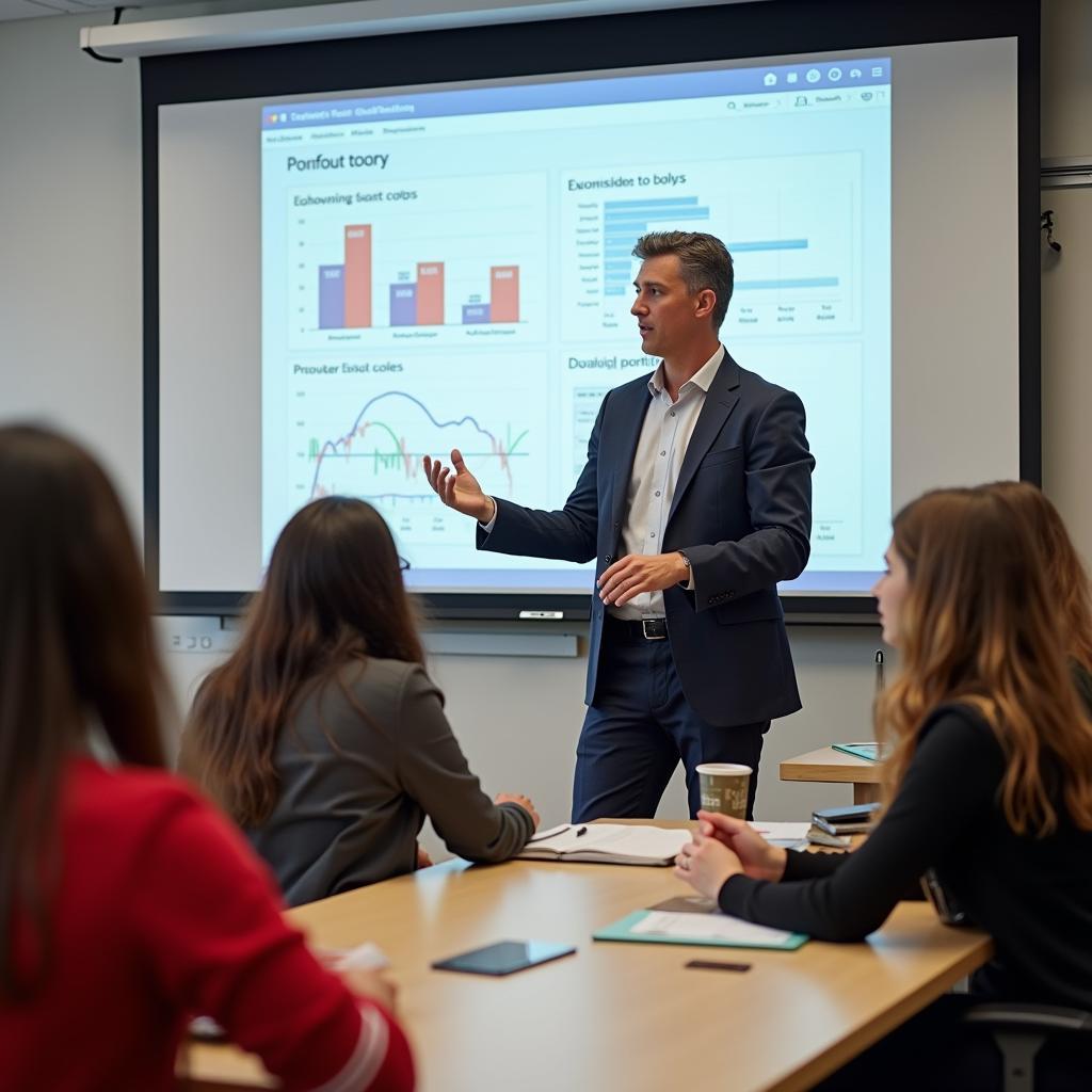 Students learning about financial management in modern classroom setting