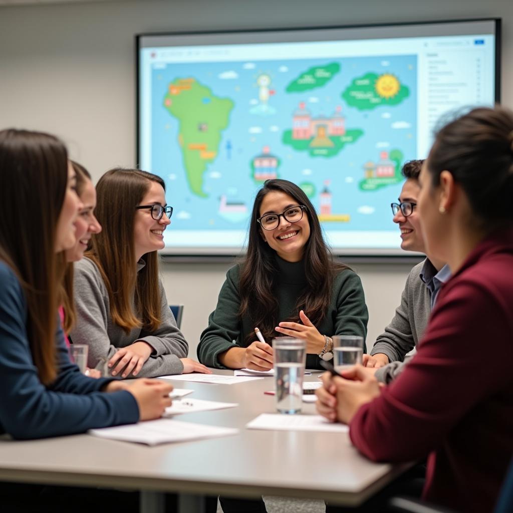 Students discussing climate change impacts in modern classroom