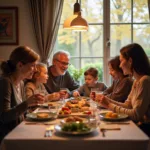 Happy family members enjoying dinner together