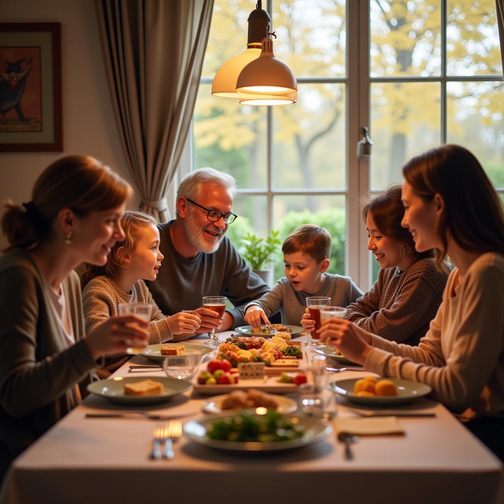 Happy family members enjoying dinner together