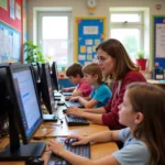 Young students learning coding basics in modern primary school classroom