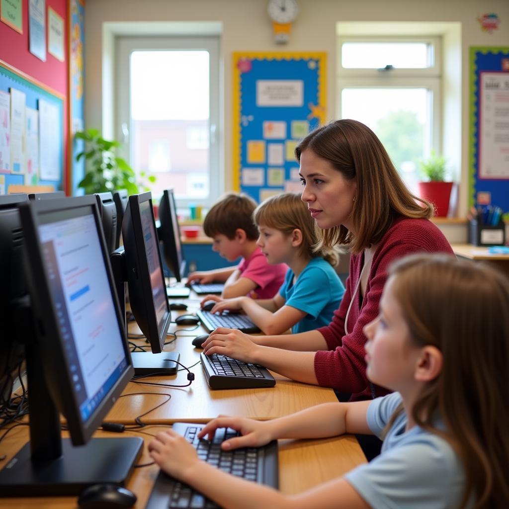 Young students learning coding basics in modern primary school classroom