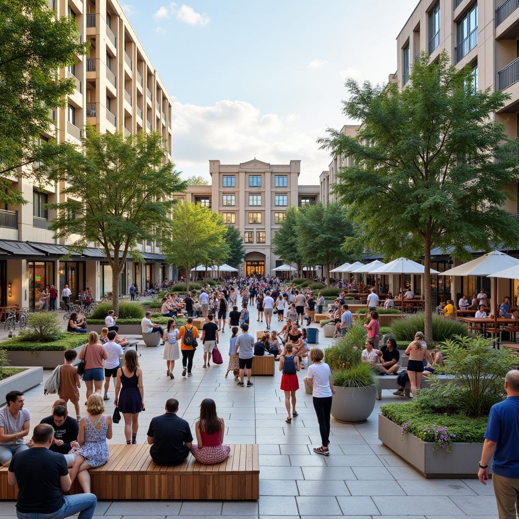 People interacting in a modern public space