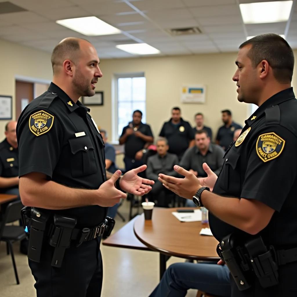 Community police officers conducting neighborhood meeting with diverse residents