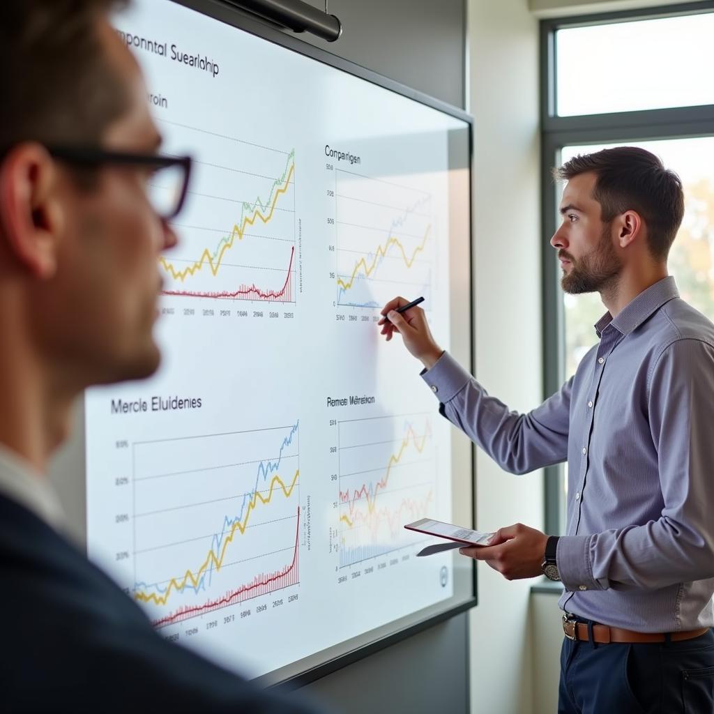 Professional demonstrating line chart comparison methodology