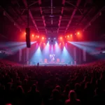 Large crowd enjoying live music concert with colorful stage lights