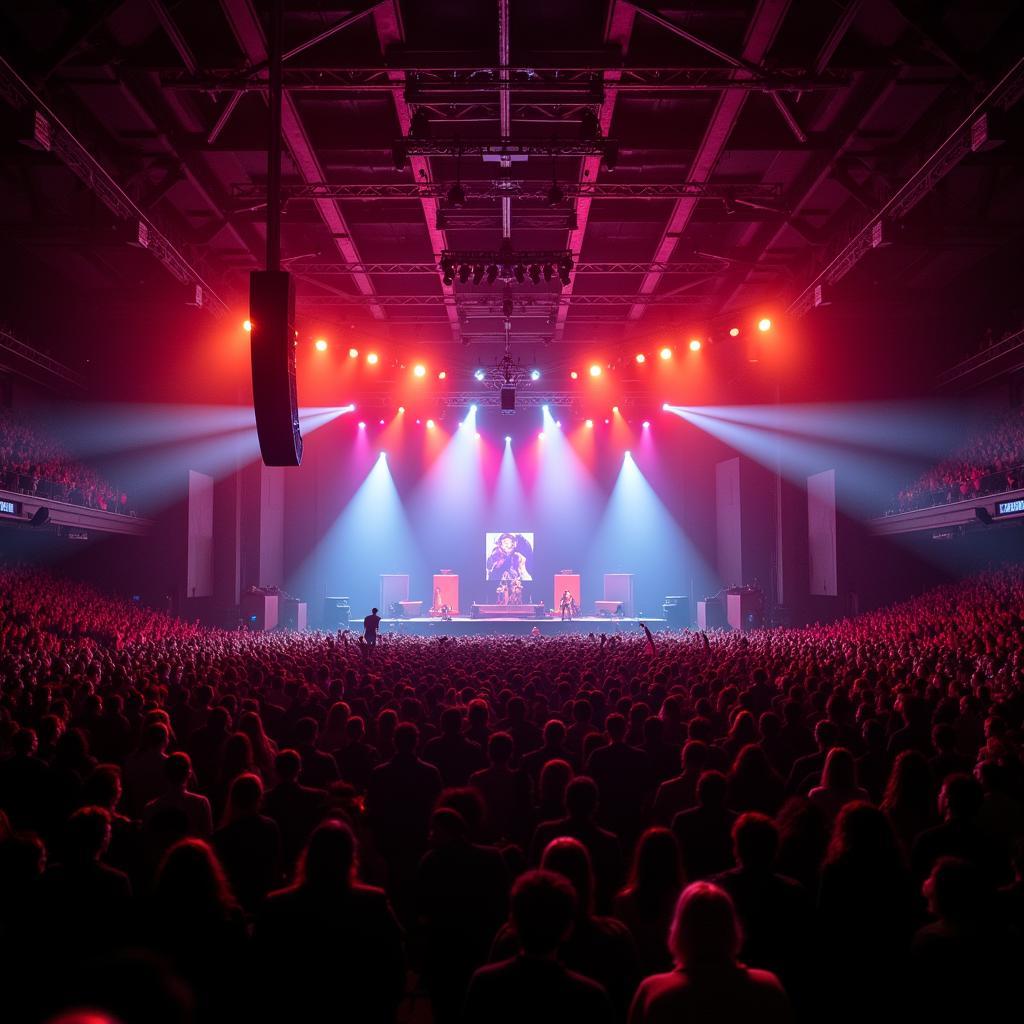 Large crowd enjoying live music concert with colorful stage lights