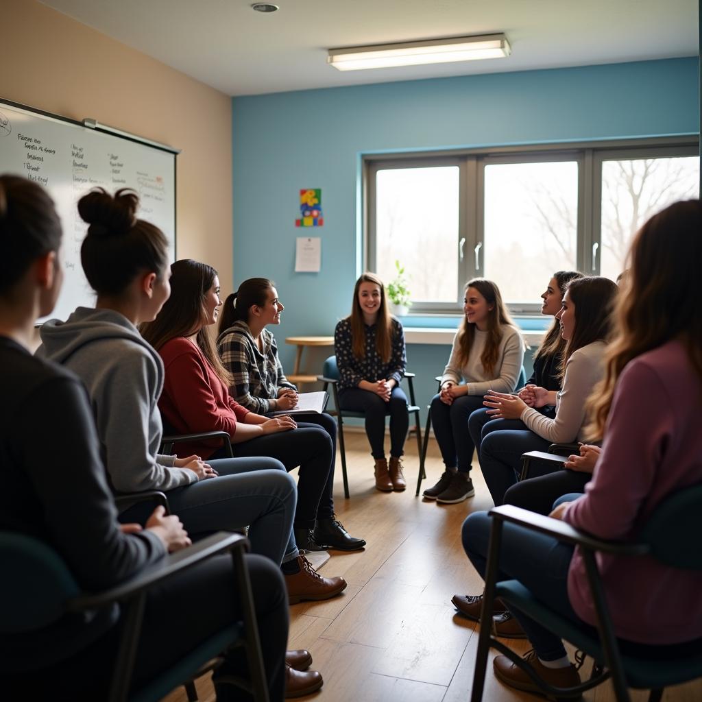 Students practicing conflict resolution skills in a modern classroom setting