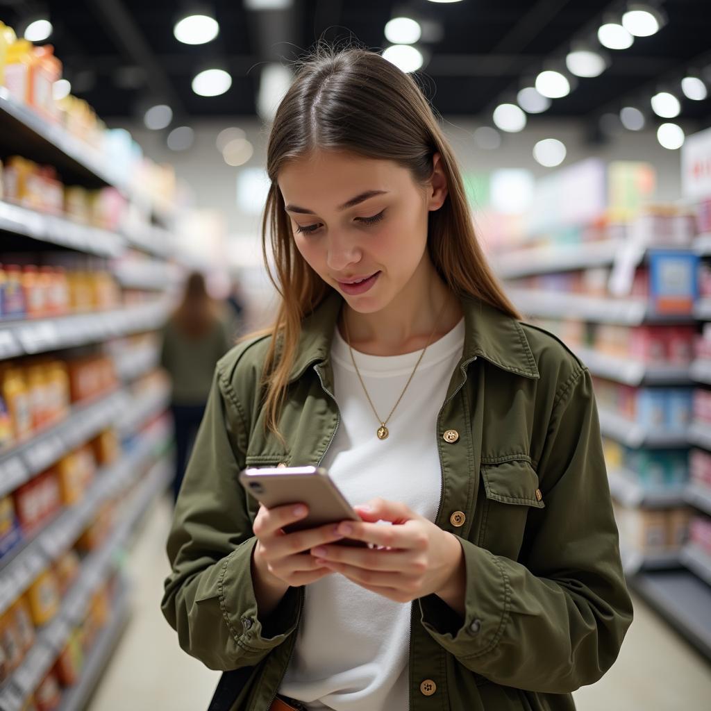 Modern consumer comparing prices online while shopping in store