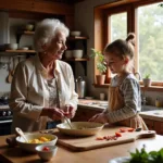 A young person learning cooking techniques from grandmother