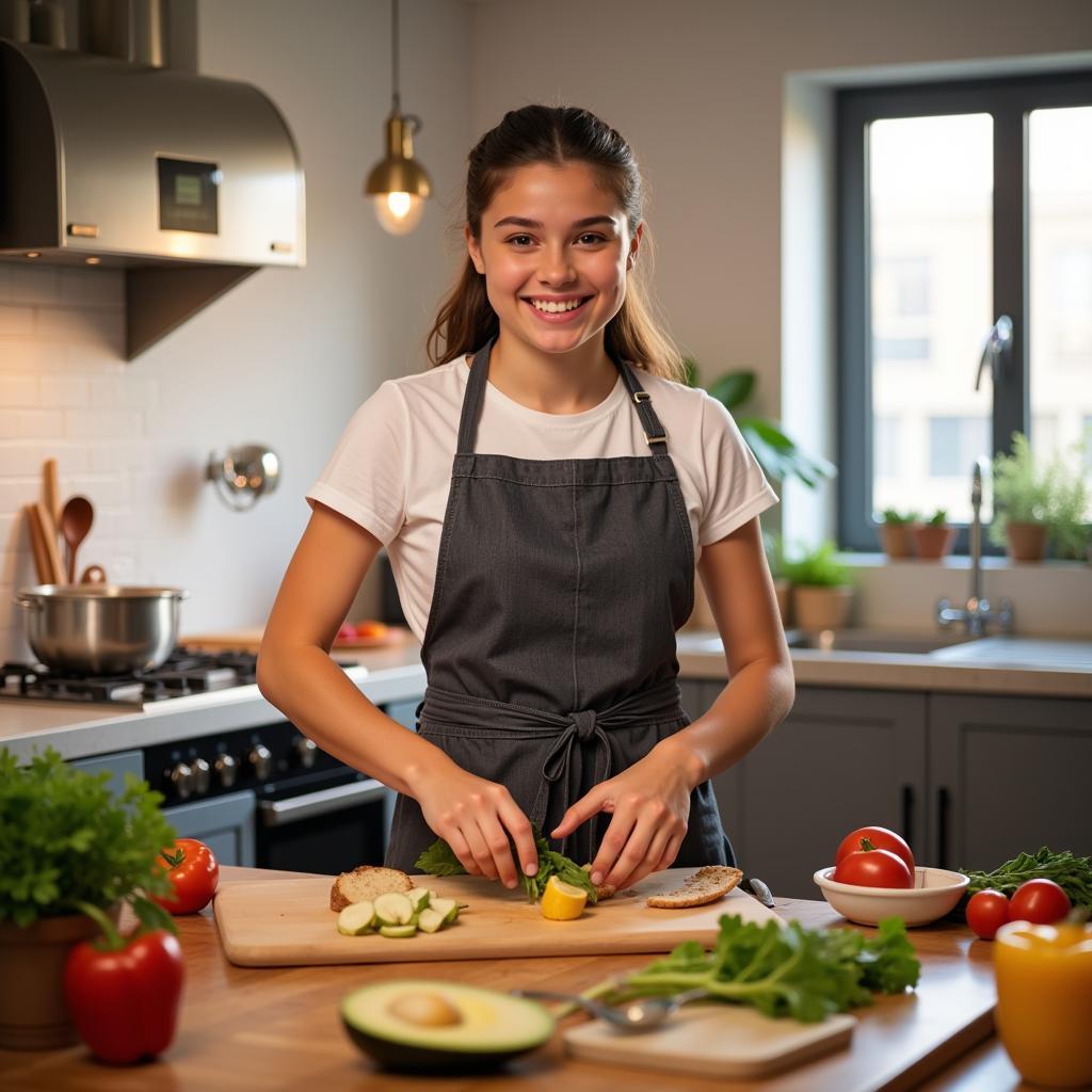 A person enthusiastically cooking in a modern kitchen