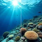Coral reef bleaching caused by rising ocean temperatures