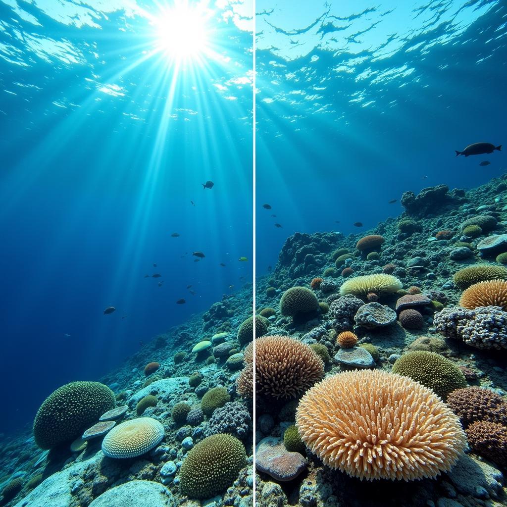 Coral reef bleaching caused by rising ocean temperatures