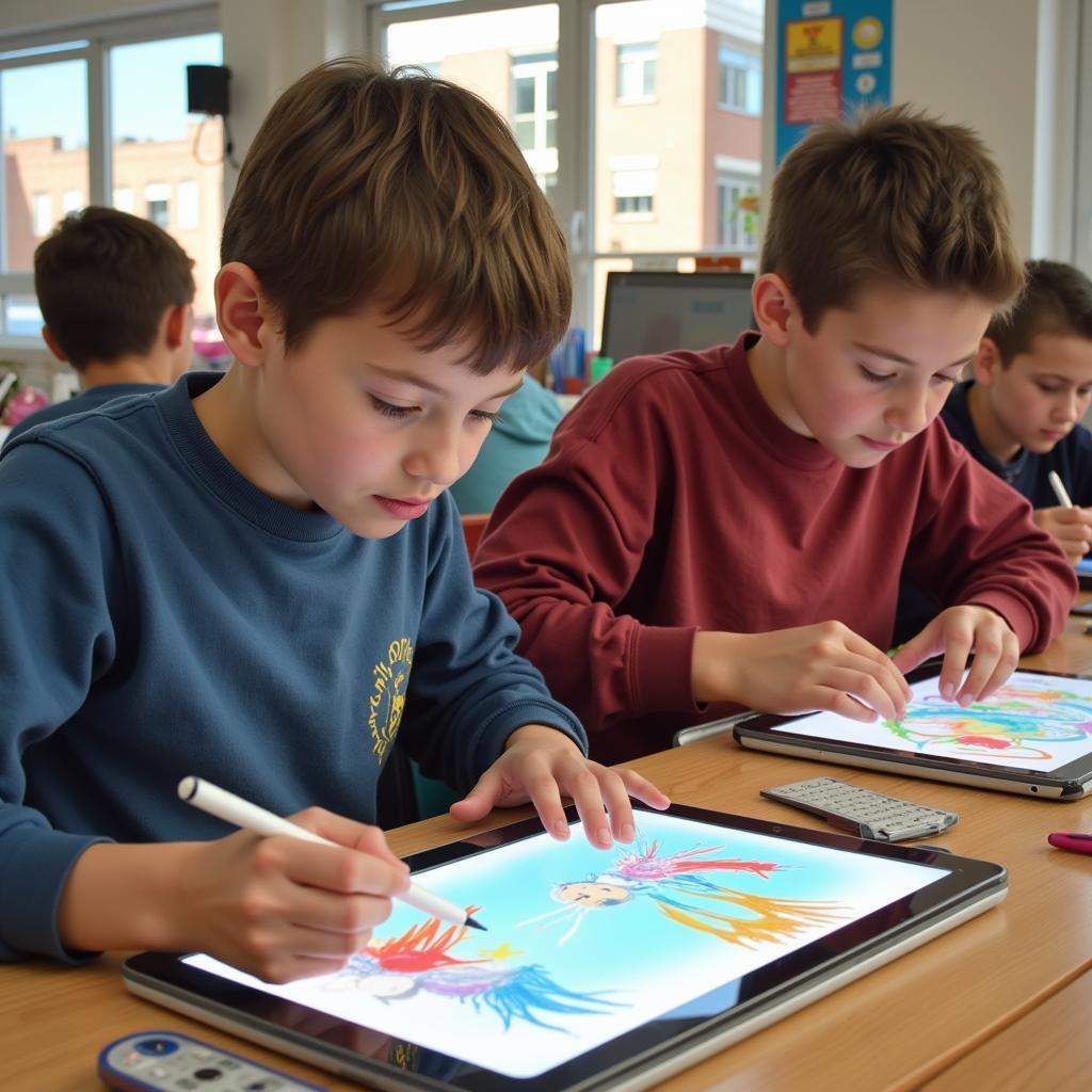 Children engaging in both digital and traditional creative activities