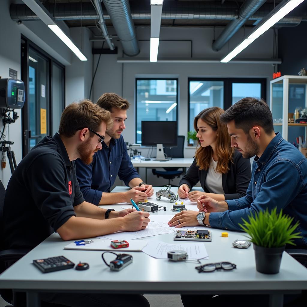 Technical experts and creative professionals collaborating on innovation project