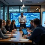 Creative professionals discussing technological innovation in modern office
