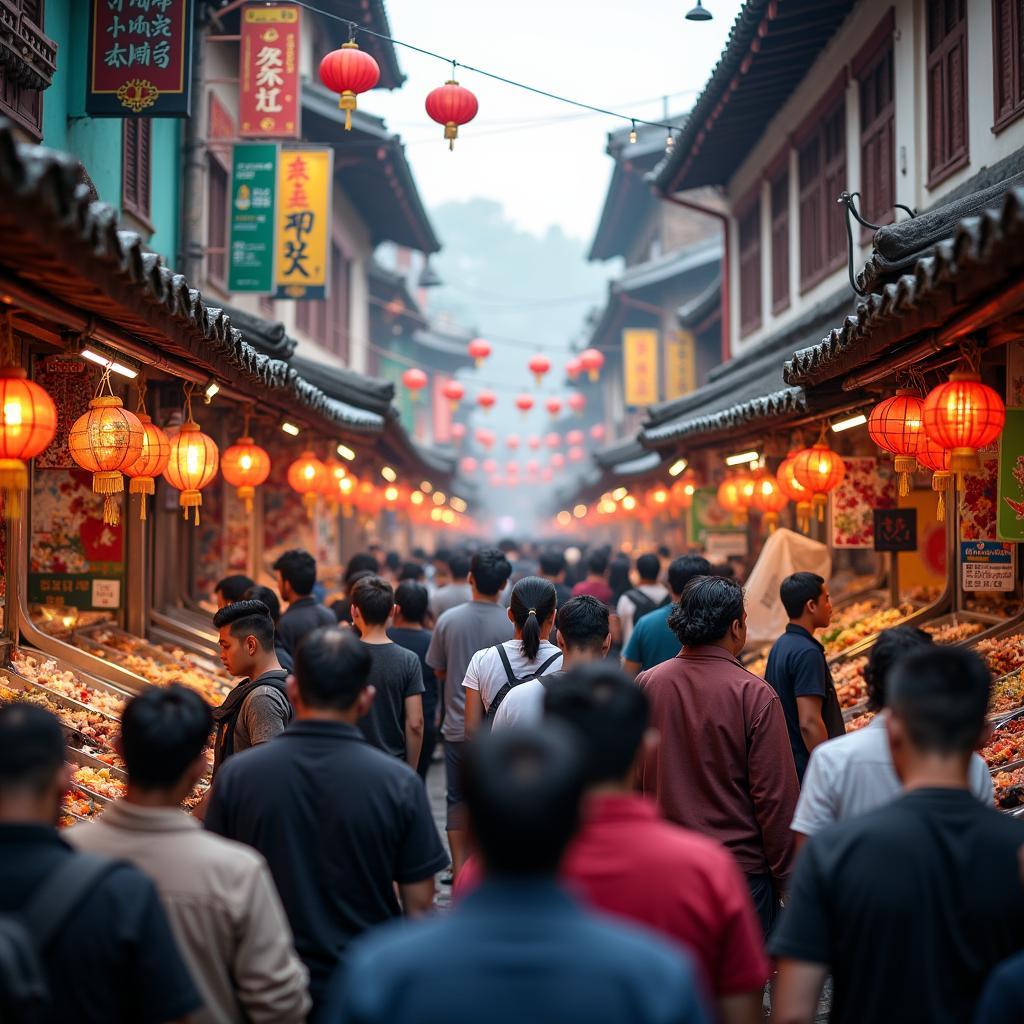 Bustling street market scene with locals and tourists enjoying festival atmosphere