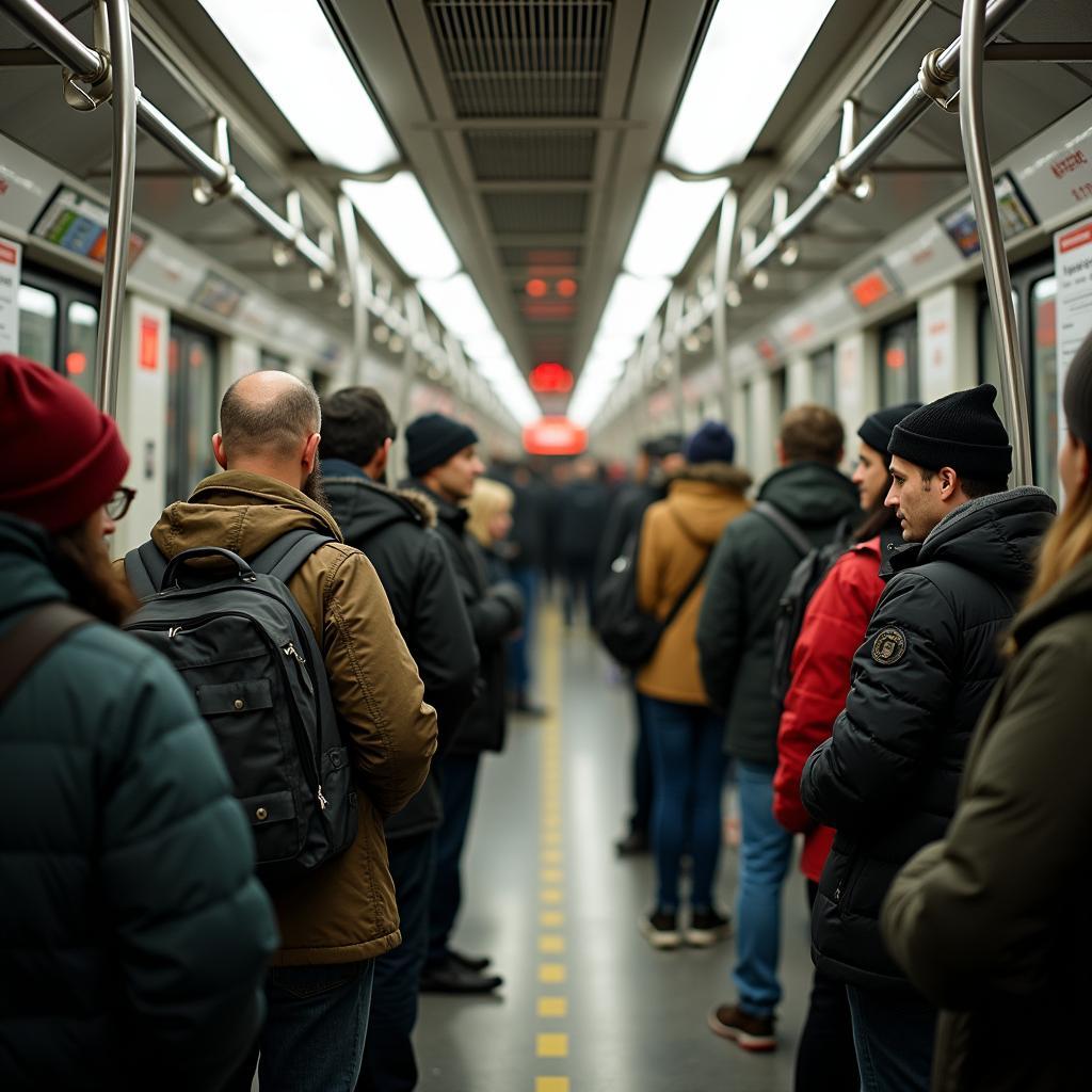 Passengers utilizing free public transportation during rush hour