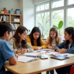Students from diverse cultural backgrounds studying together in modern classroom