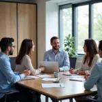 Diverse professionals collaborating in modern office meeting