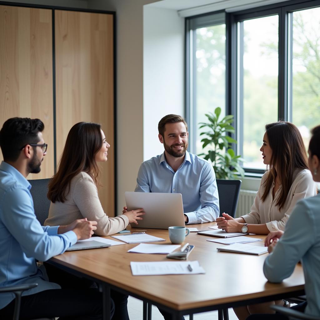 Diverse professionals collaborating in modern office meeting