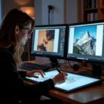 Artist working on digital artwork with professional equipment
