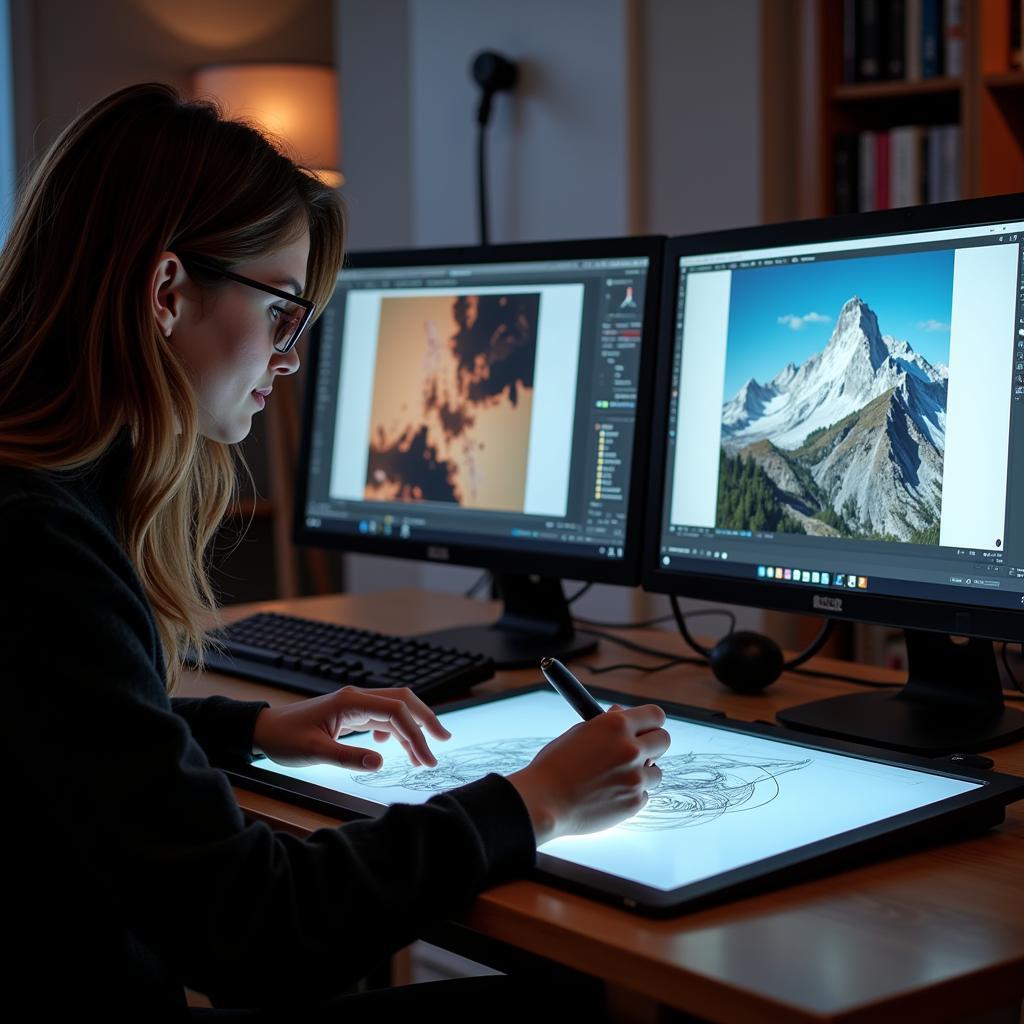 Artist working on digital artwork with professional equipment