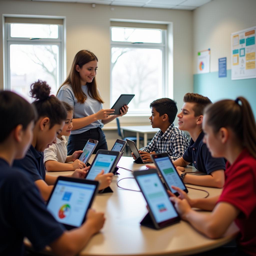 Students using tablets in a modern classroom setting
