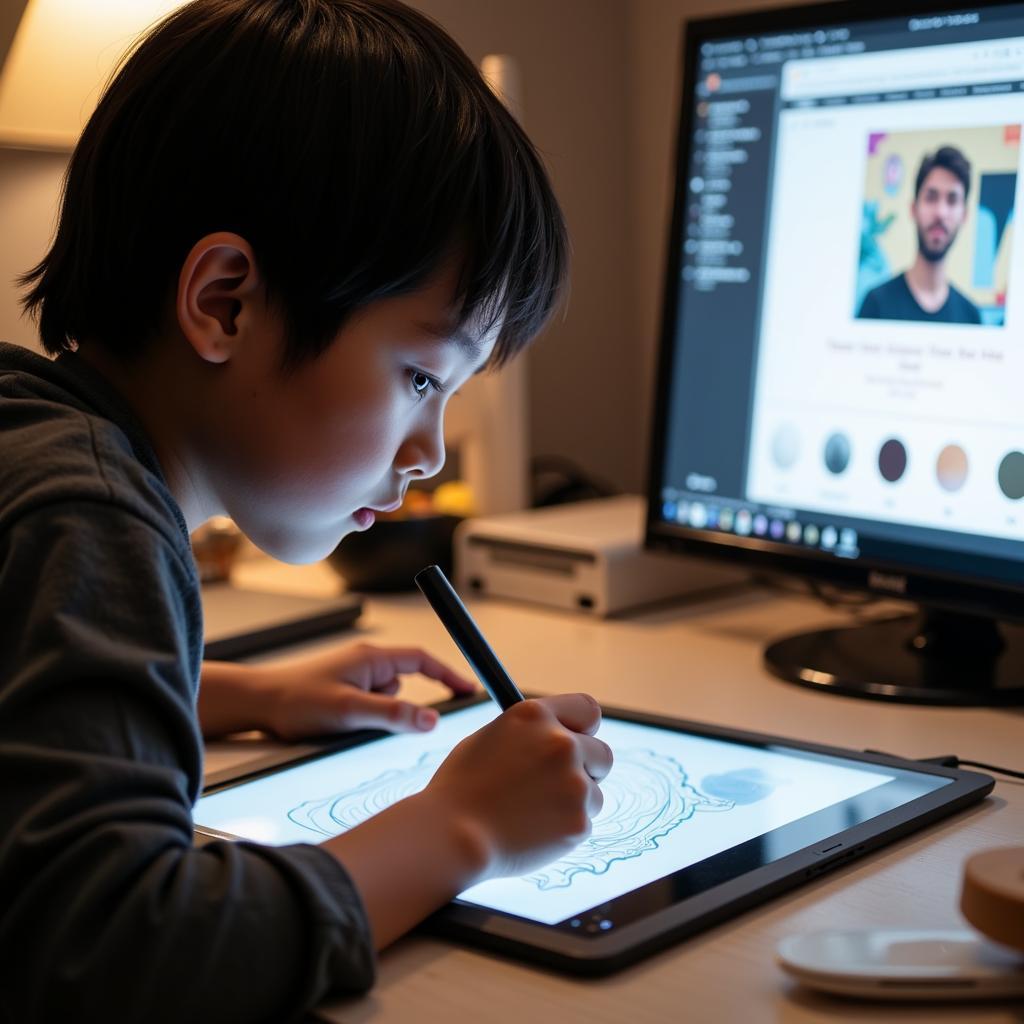 Student practicing digital illustration skills on tablet