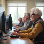 Digital literacy training session for elderly citizens in modern classroom