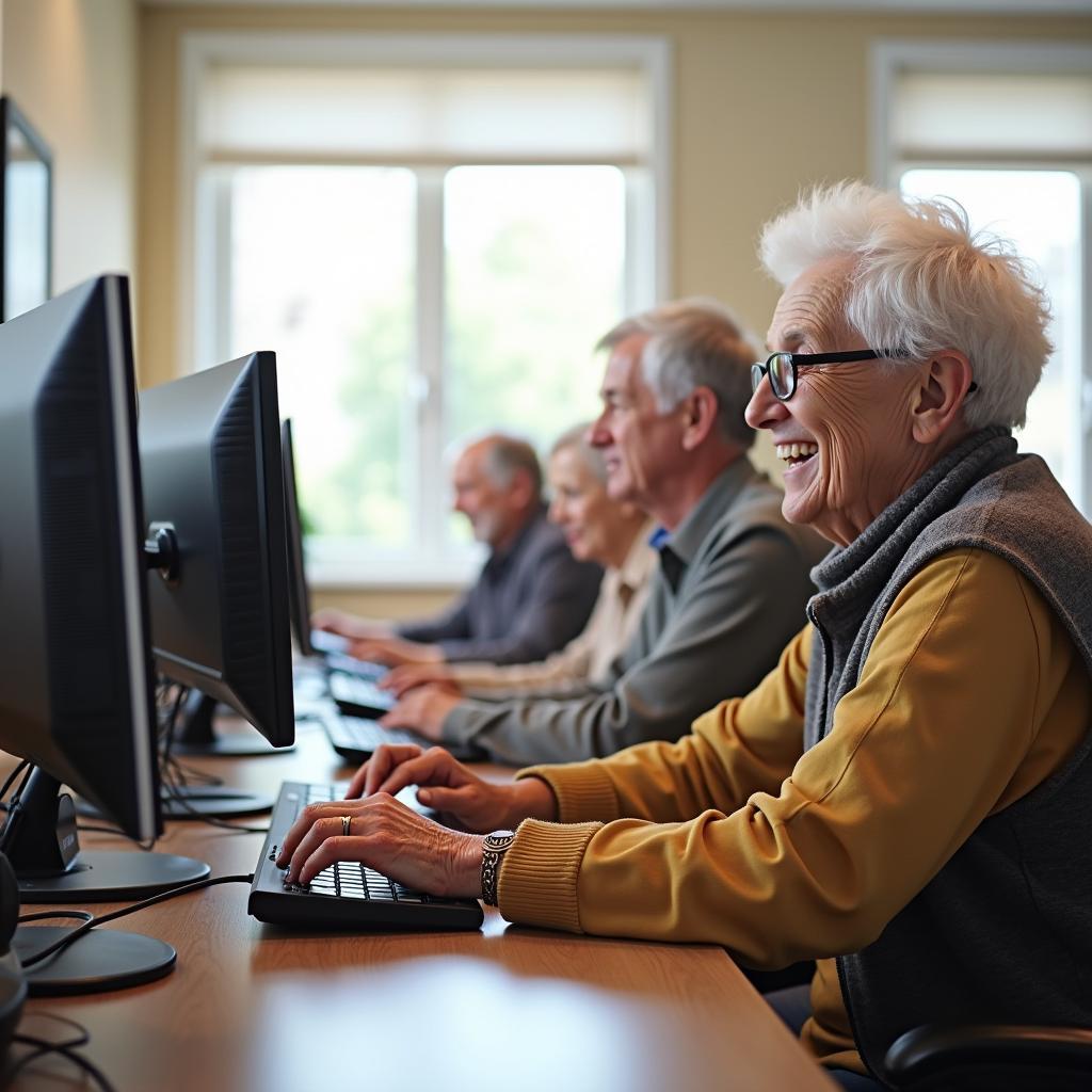 Digital literacy training session for elderly citizens in modern classroom