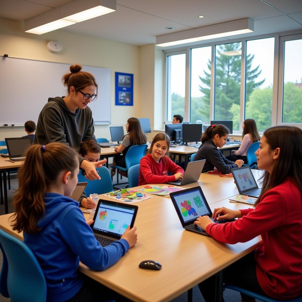 Modern classroom with students using digital devices for creative projects