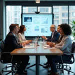 Diverse business leaders discussing corporate strategy in modern boardroom