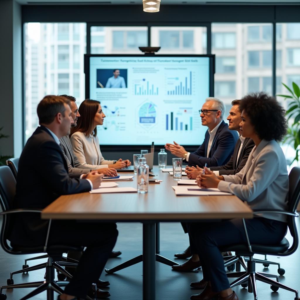 Diverse business leaders discussing corporate strategy in modern boardroom
