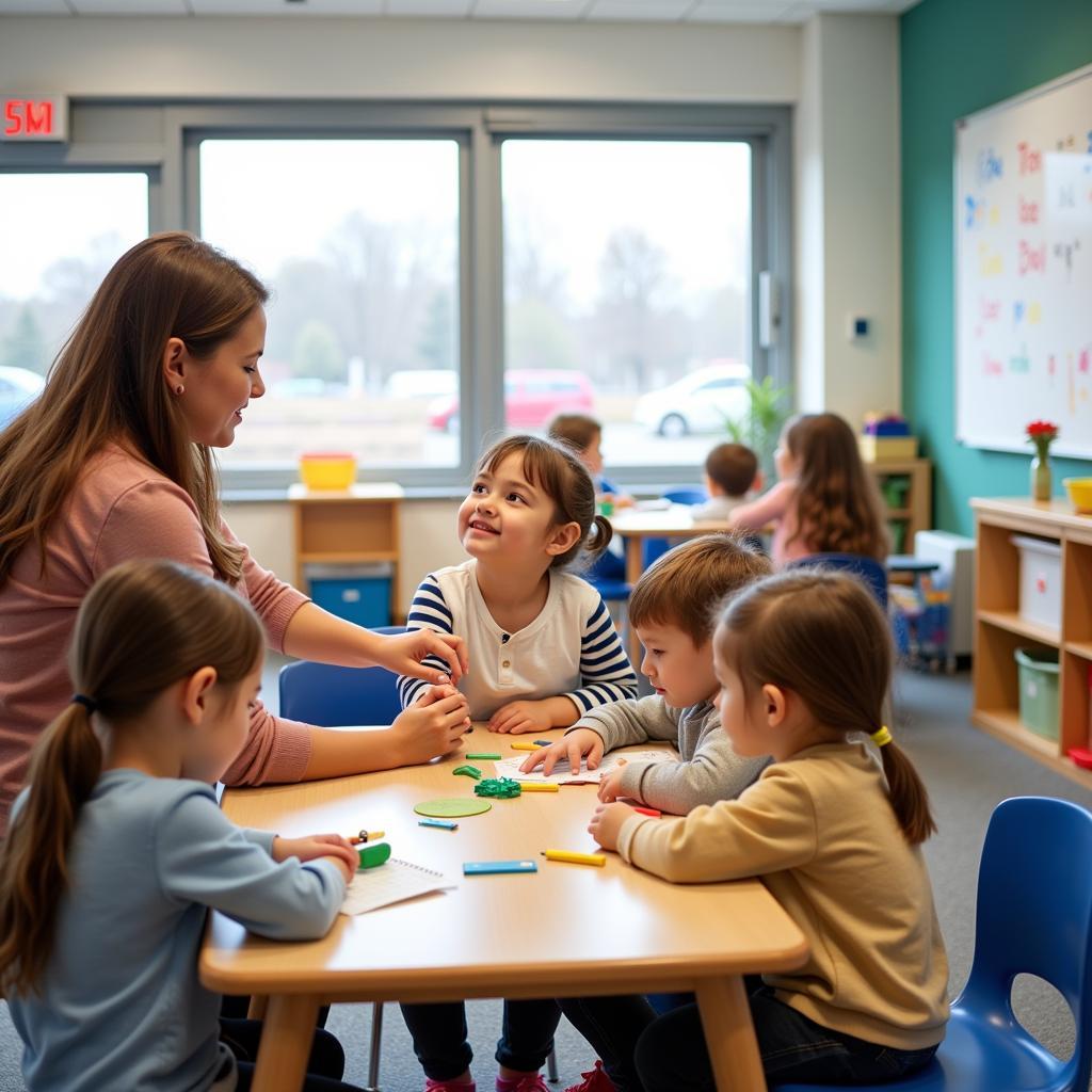 Early childhood education classroom with diverse young students engaging in learning activities