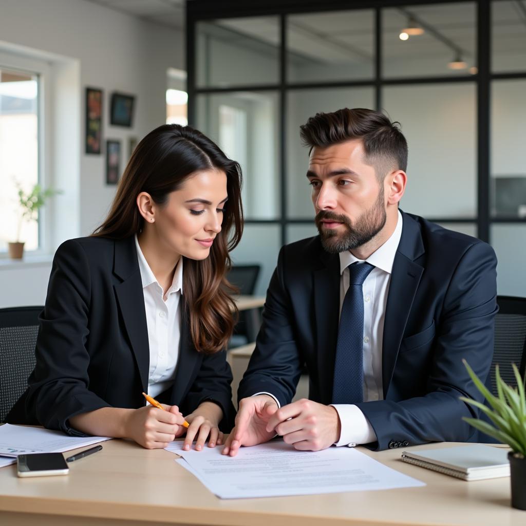 Professional explaining concept to colleague in office