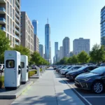 Electric cars charging at urban station showing sustainable transportation