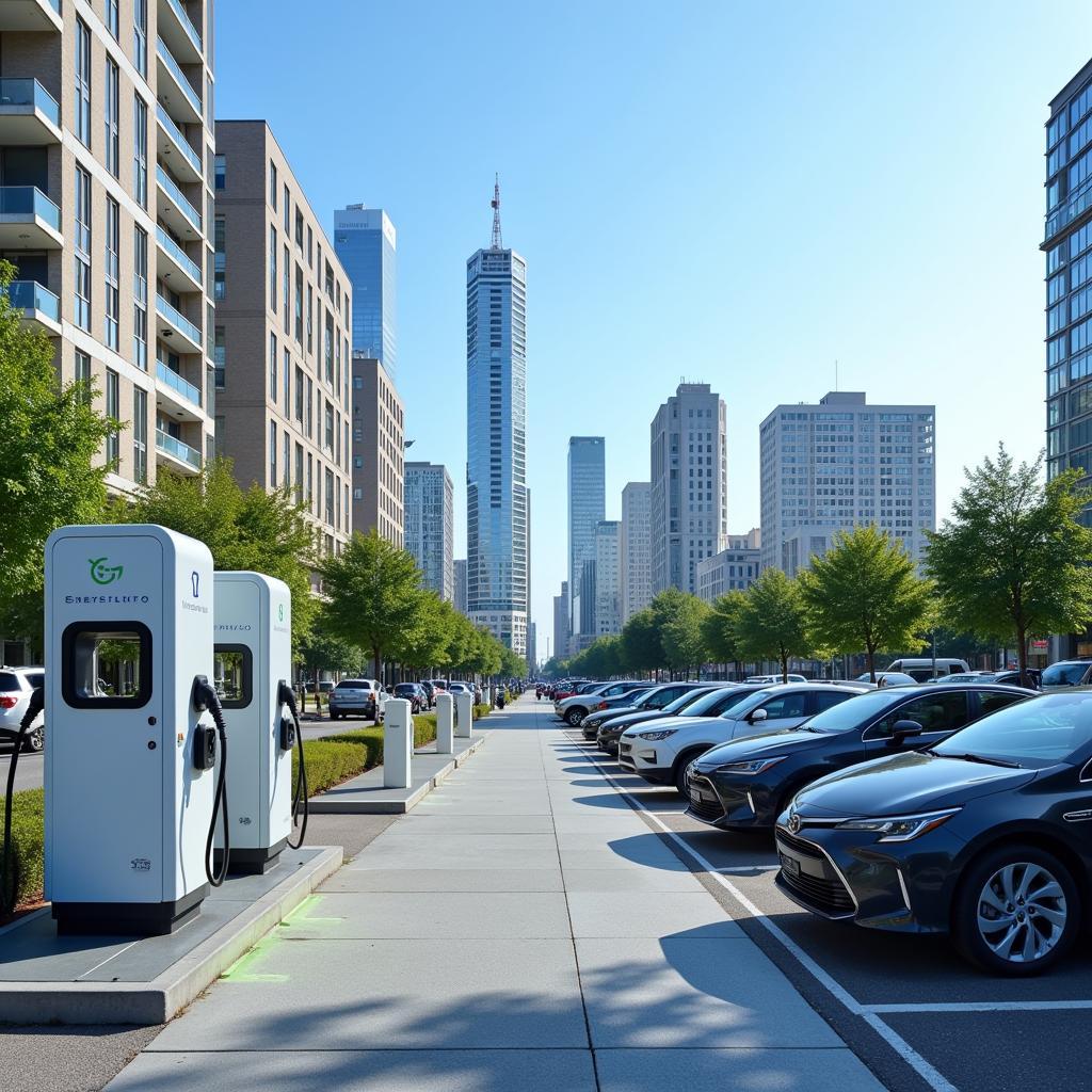 Electric cars charging at urban station showing sustainable transportation