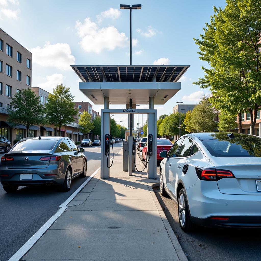 Electric vehicles charging at modern urban station demonstrating sustainable transportation