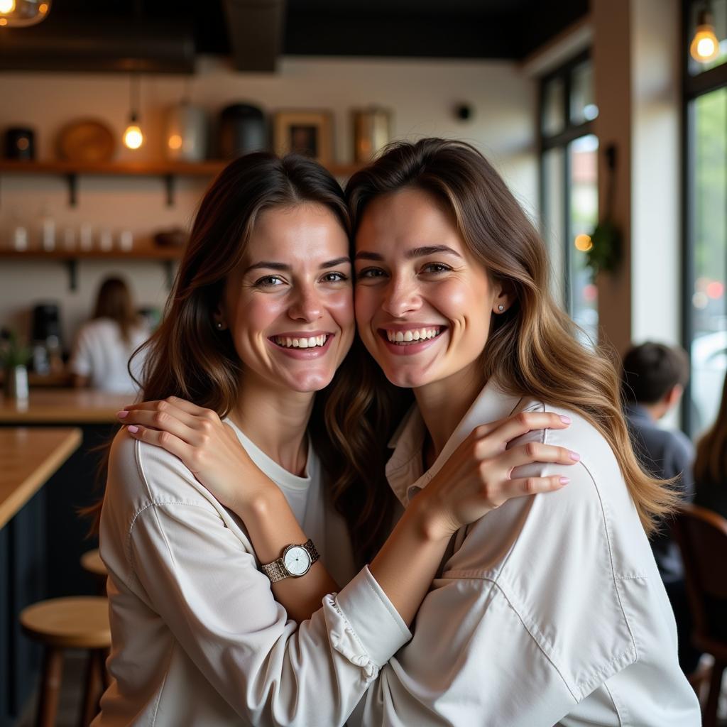 Two friends having an emotional reunion after years apart