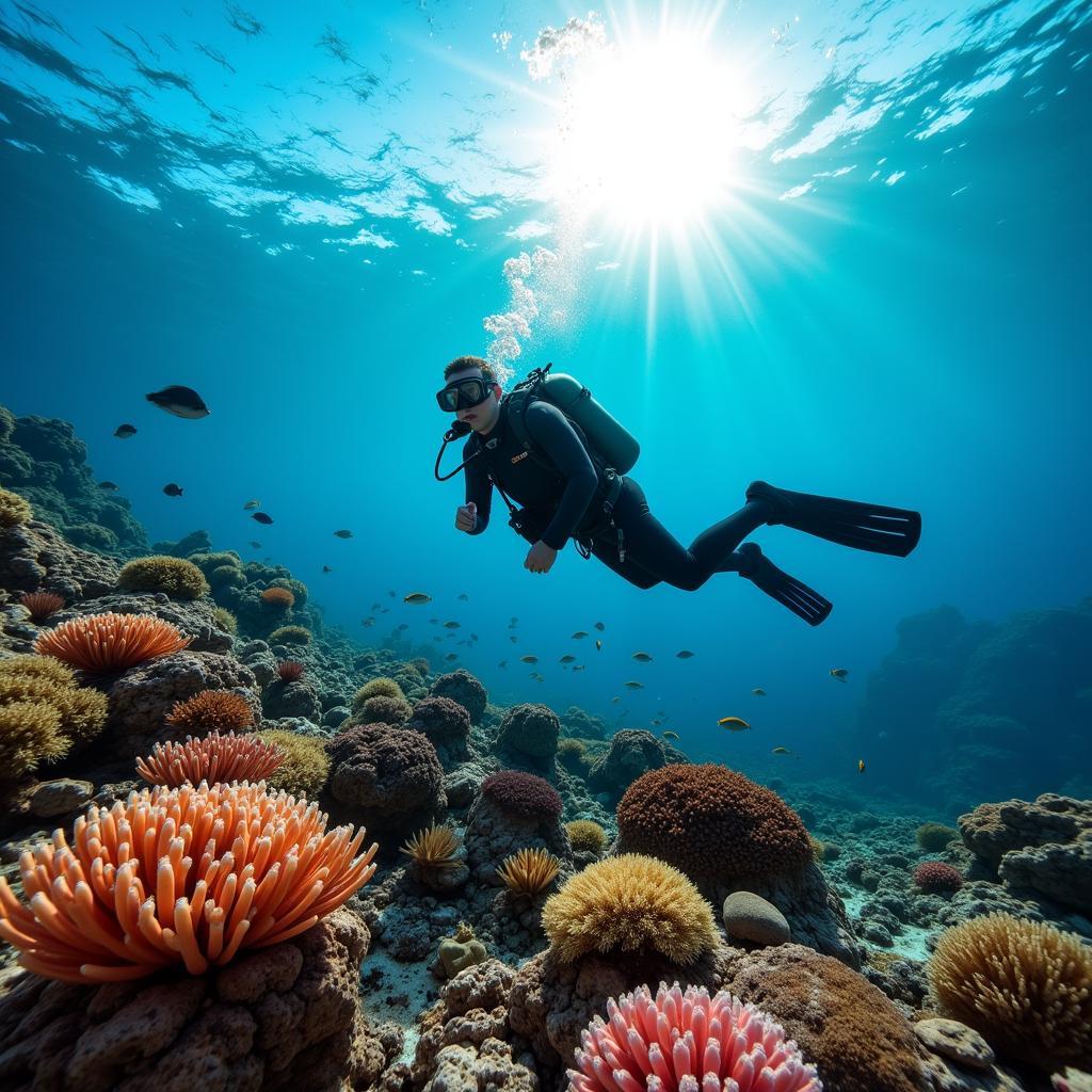 Professional scuba diver exploring coral reef during expensive diving session