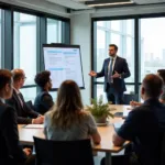 Professional expert delivering presentation to colleagues