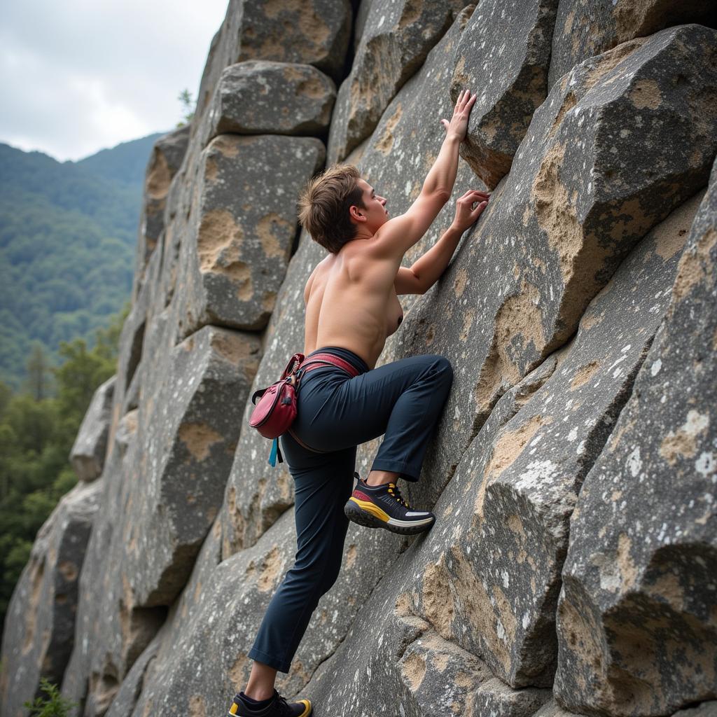 Professional rock climber demonstrating advanced climbing techniques