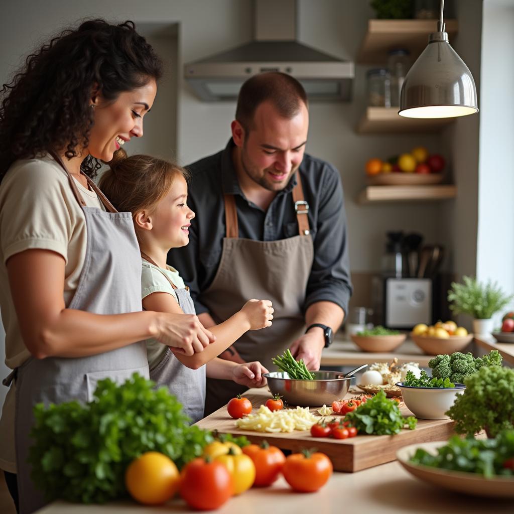 Family preparing healthy meal together in modern kitchen