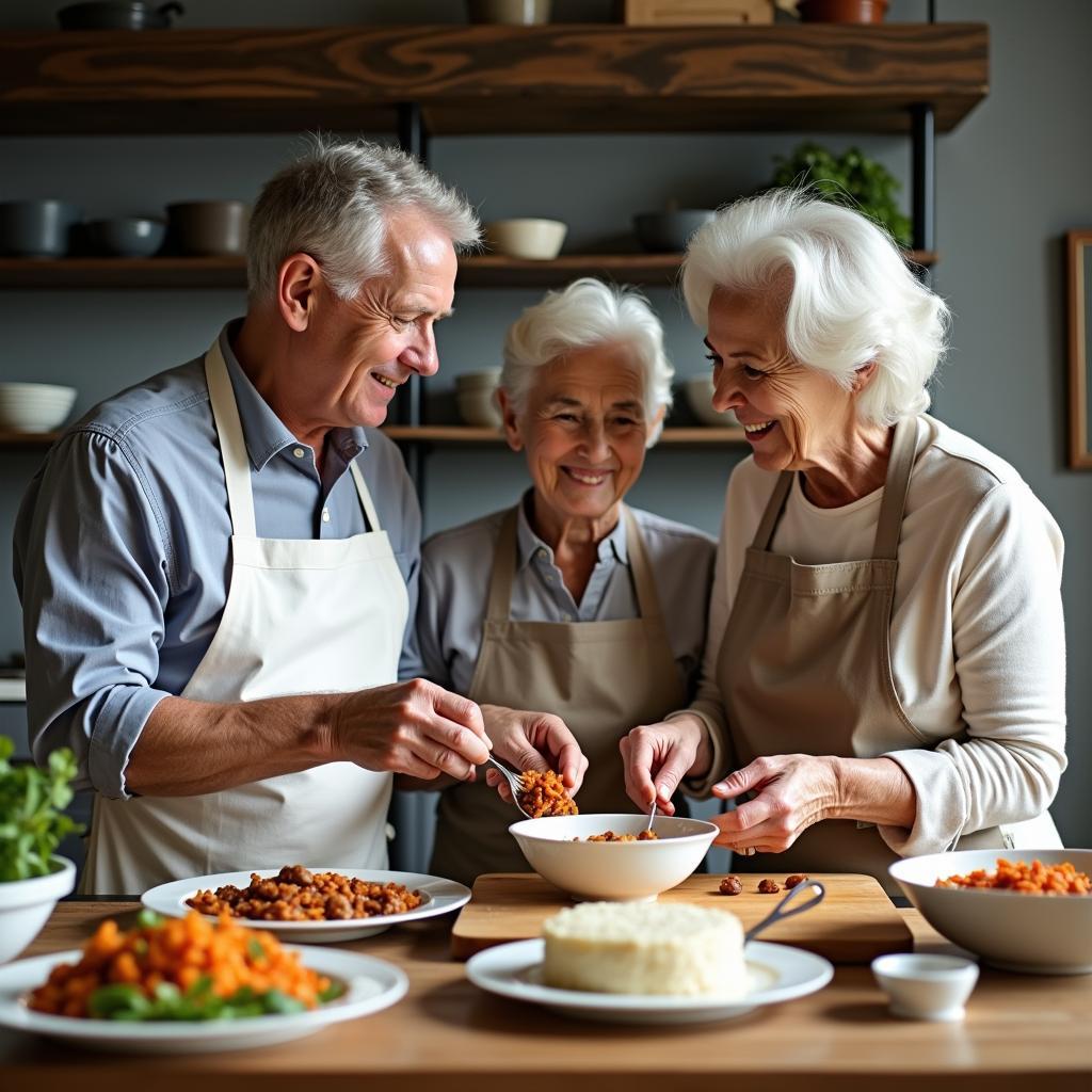 Multi-generational family cooking together in kitchen